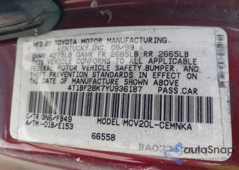 2000 Toyota Camry Le V6 from USA, damaged, VIN 4T1BF28K7YU936187